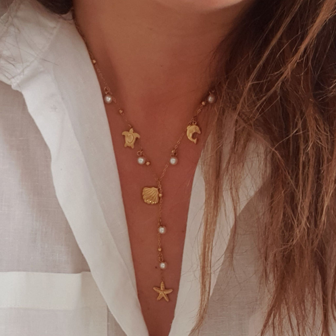 Boho Κολιέ Θάλασσα με Πέρλες & Θαλασσινά Στοιχεία | Χρυσό Γυναικείο Κόσμημα